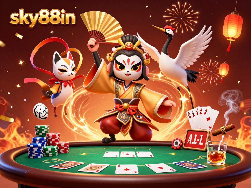 Experience thrilling gameplay at sky88in with a kabuki warrior and poker elements in a vibrant casino scene.