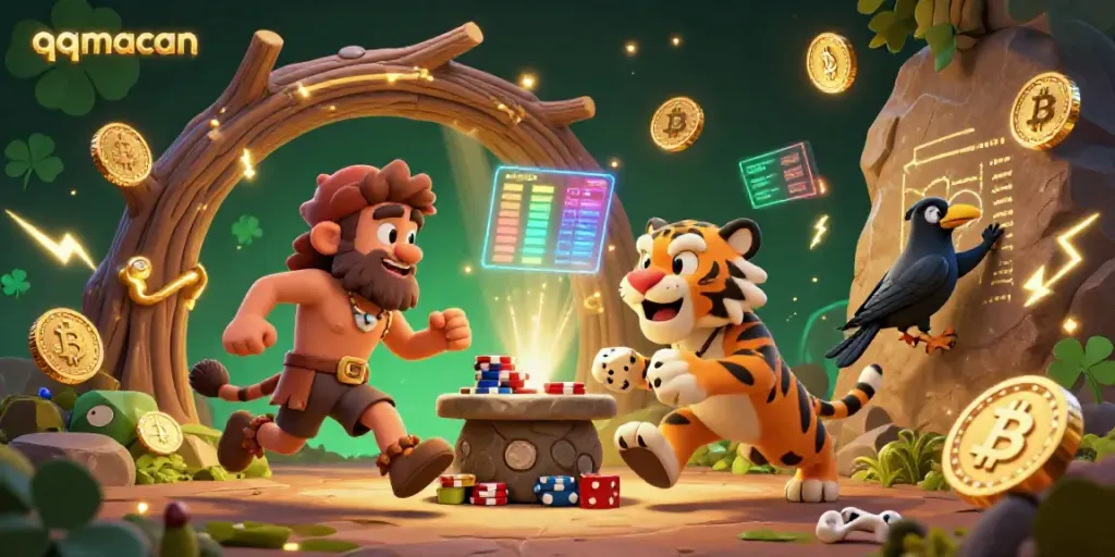 Engage in thrilling gaming experiences at qqmacan, featuring a vibrant prehistoric casino atmosphere.