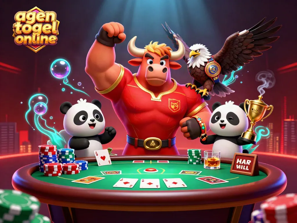 Engage with agen togel online as the bull mascot celebrates victory with trophies and chips.