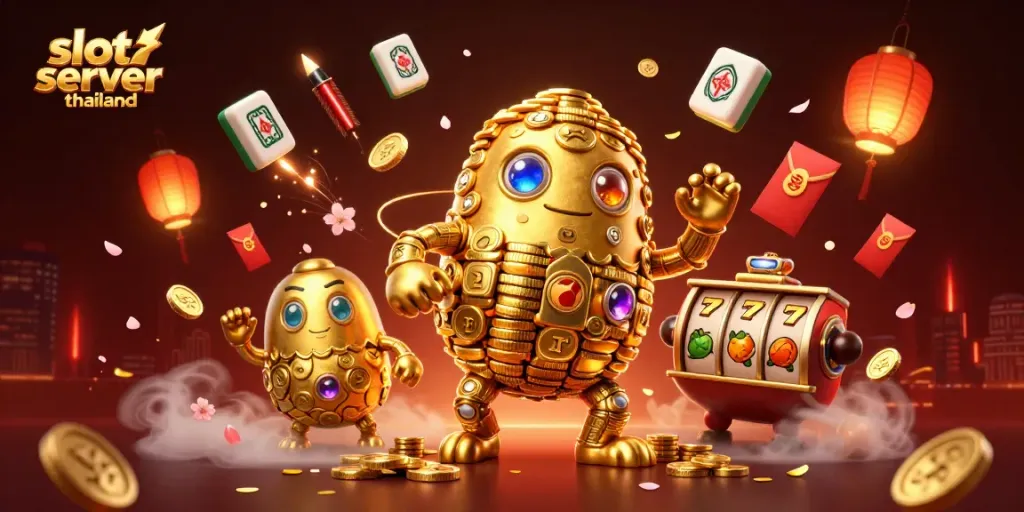 Spin the reels on slot server thailand with a lavish golden golem and vibrant casino elements.