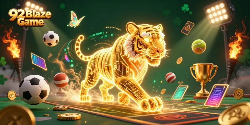 Experience thrilling excitement in the 92 Blaze Game with a dynamic casino scene showcasing vibrant characters and sports elements.