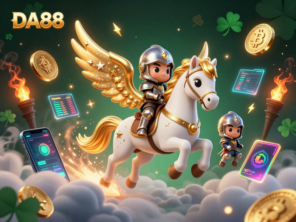 DA88 offers thrilling gaming experiences with a celestial horse and crypto elements in a vibrant illustration.