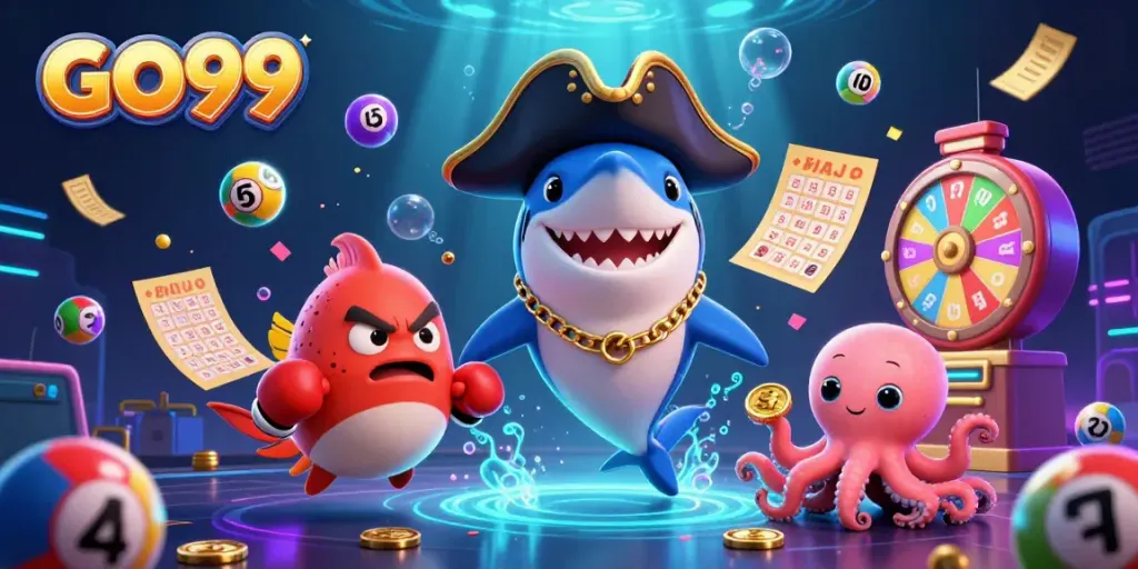 Engage with GO99's vibrant world featuring dynamic characters, games, and an underwater glow.