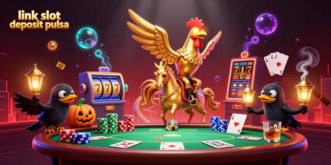 Engage with the thrill of link slot deposit pulsa through a vibrant casino scene featuring a golden rooster and friends.