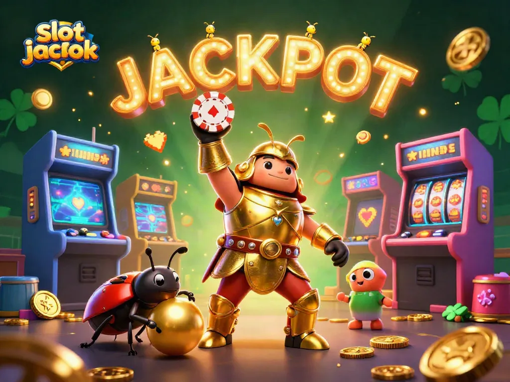 Engage with the slot jackpot excitement in a colorful casino scene featuring playful beetle characters and vibrant game elements.