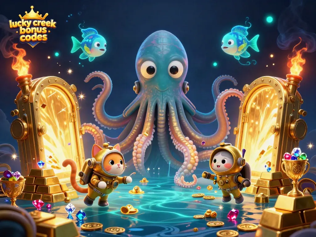 Spin to win with lucky creek bonus codes as a kraken, diving cat, and glowing fish celebrate their treasure trove.
