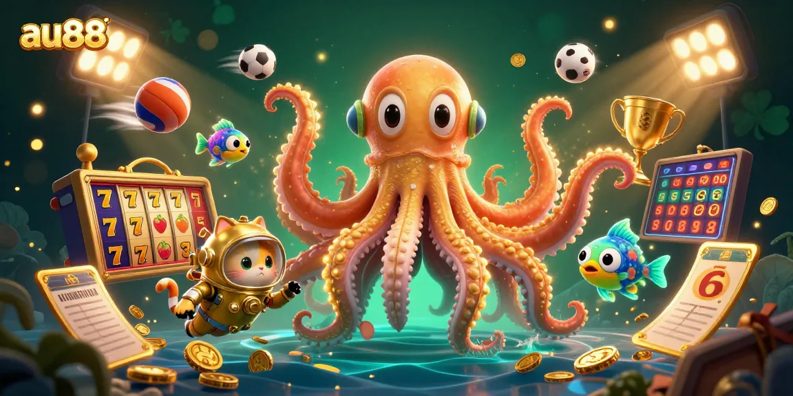 Experience winning moments at au88 with a lively slot and jackpot scene featuring a kraken and diving cat.