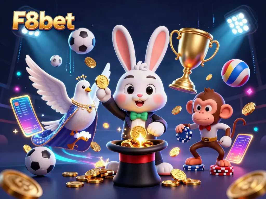 Experience the thrill of F8bet as a magician rabbit unveils golden coins in a lively casino scene.