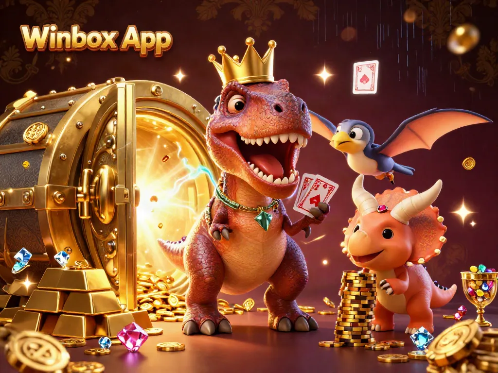 Winbox App showcases fun with T-Rex card shuffling and triceratops chip stacking in a casino scene.