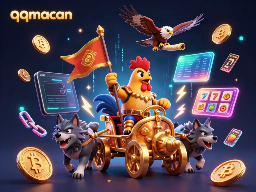 Engage in thrilling action at qqmacan with a dynamic scene featuring a rooster warlord and rich casino elements.