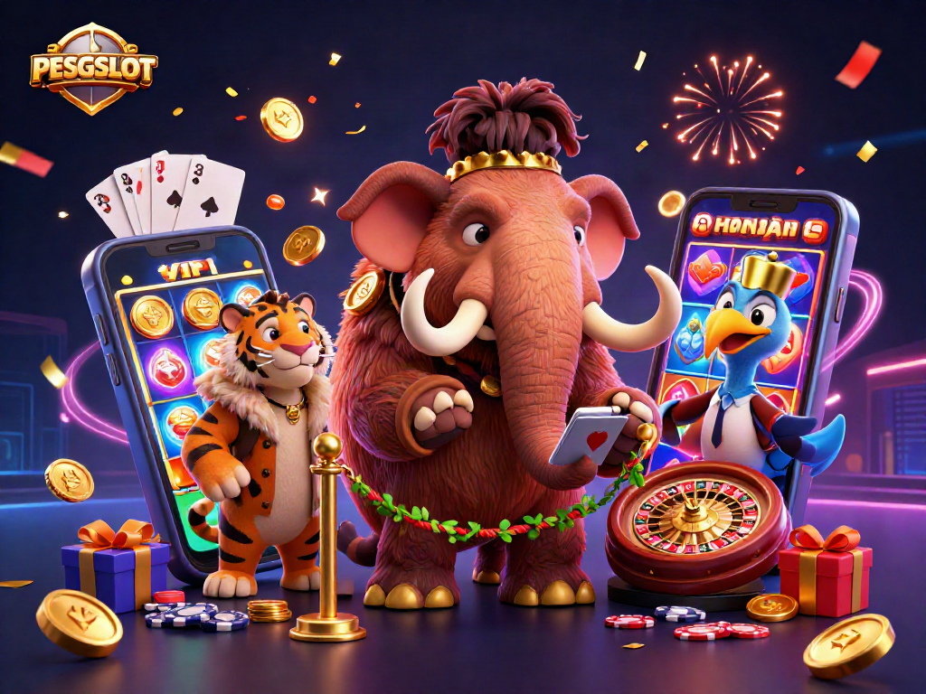 Gambaran PESGSLOT yang menarik dengan karakter kasino unik dan elemen interaktif menampilkan suasana ceria.