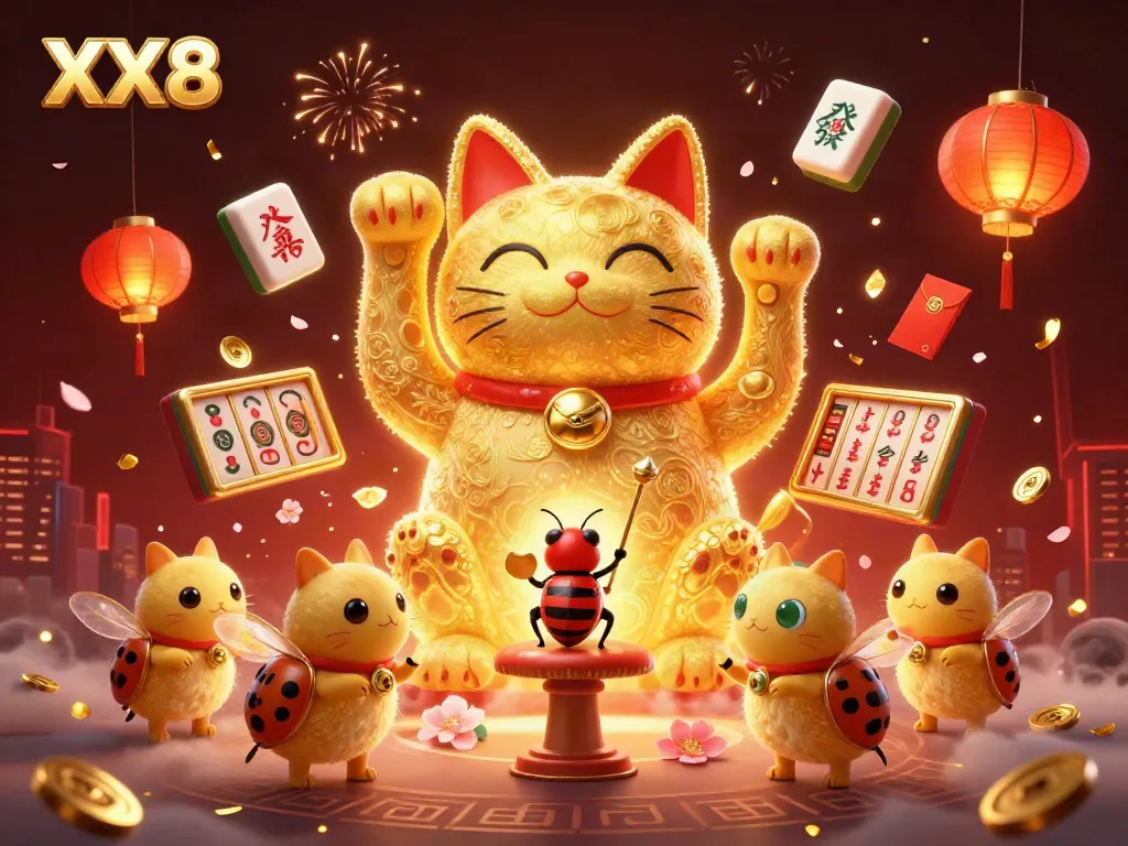 Experience the enchanting XX8 atmosphere with a dynamic display of a lucky cat and casino symbols in this captivating illustration.