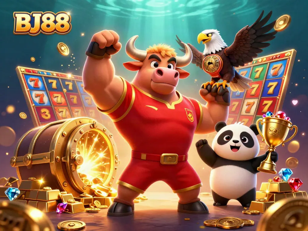 BJ88 wins with a powerful bull mascot, eagle, and panda celebrating amidst vibrant casino elements.