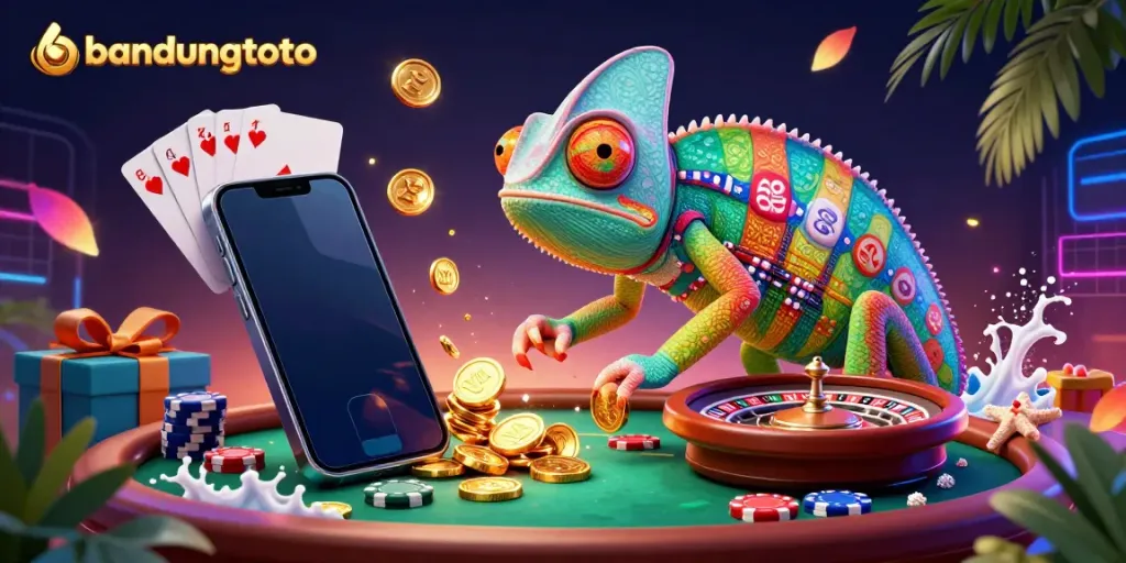 Experience the excitement with bandungtoto as the colorful chameleon casino owner interacts with vibrant gaming elements.