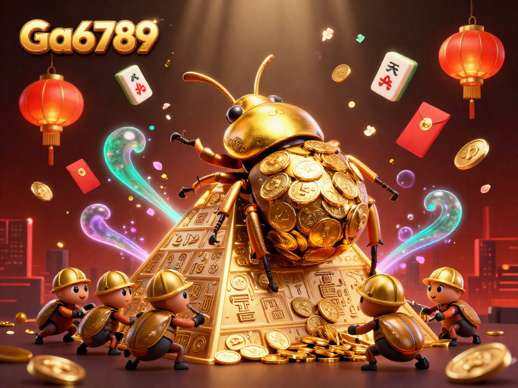 Experience Ga6789 with golden beetles and casino symbols in a dynamic gaming scene.