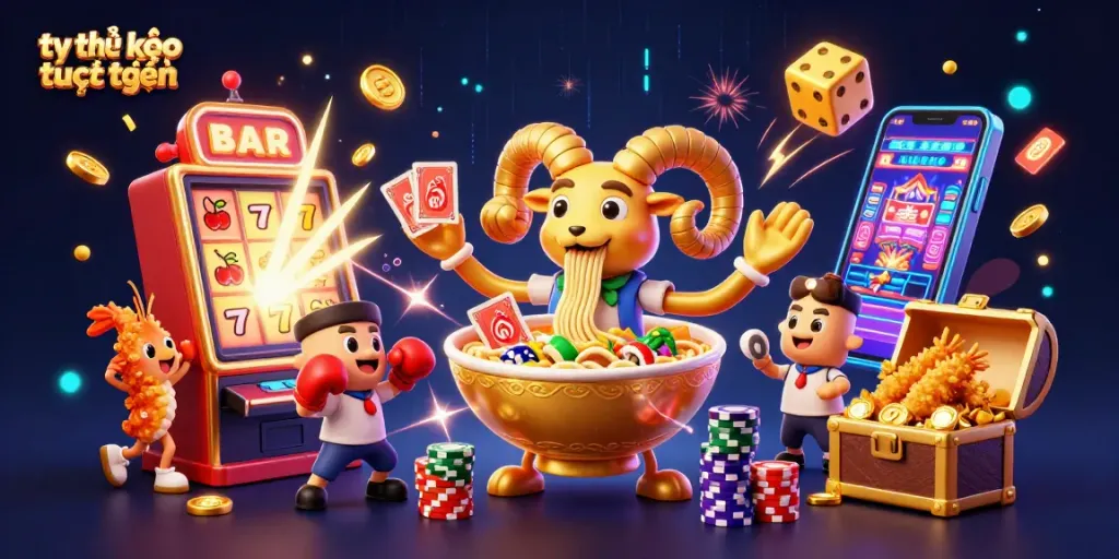 Engage in tỷ lệ kèo trực tuyến with dynamic 3D casino illustration of animated characters and gaming elements.