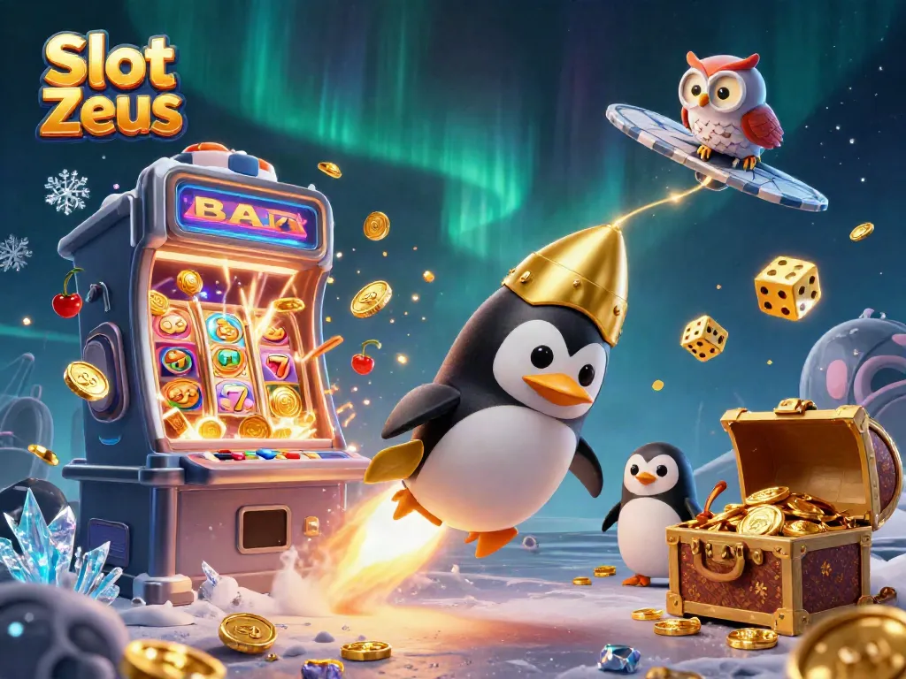 Menangkan keberuntungan Anda dengan Slot Zeus, ilustrasi 3D yang menampilkan mesin slot dengan hadiah besar dan penguin emas.