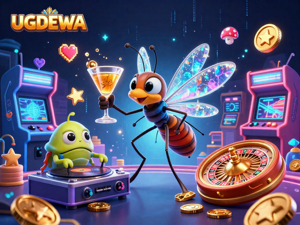 Engage with UGDEWA's vibrant casino world, featuring a playful mosquito mascot and dynamic gaming elements.