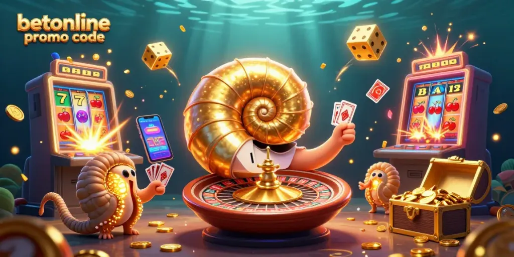 BetOnline promo code scene showcasing a giant nautilus roulette wheel amidst vibrant casino elements and jackpots.