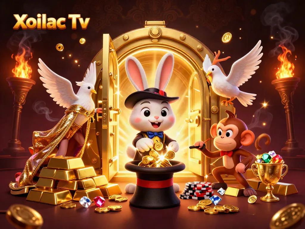 Xoilac Tv showcases a thrilling gambling scene featuring a magician rabbit, assistant dove, and a monkey amidst gold treasures.