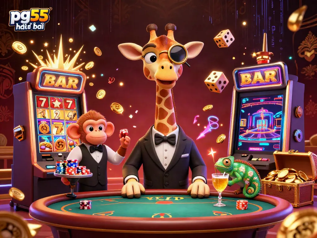 Experience a thrilling atmosphere at pg55 nhà cái with vibrant casino elements and characters in an energetic scene.