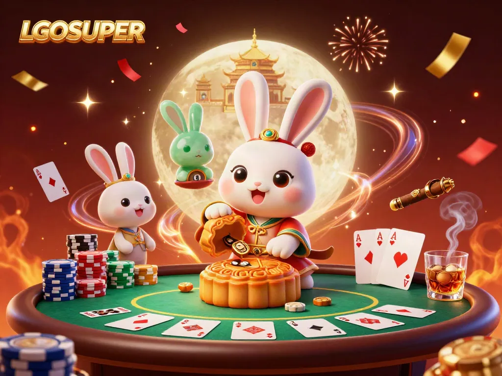 Experience gaming thrills with LGOSUPER's vibrant illustration of a moon rabbit surrounded by poker elements.
