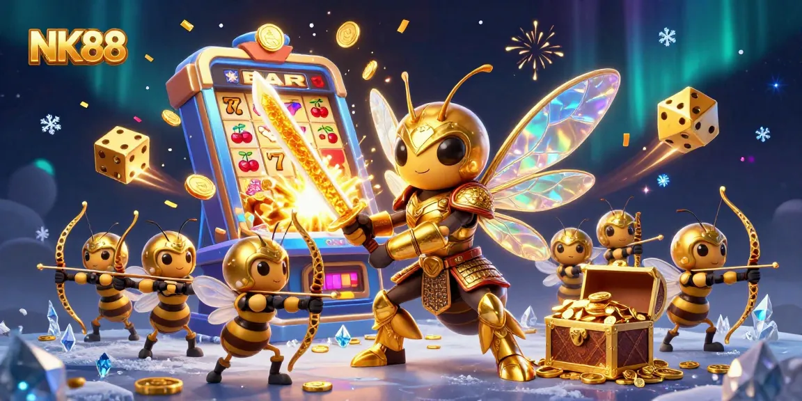 Win big at NK88 with an exciting 3D casino scene featuring a golden hornet and dynamic slot elements.