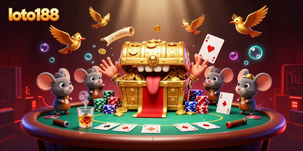 Experience excitement with loto188's treasure chest, golden coins, and lively poker scene.