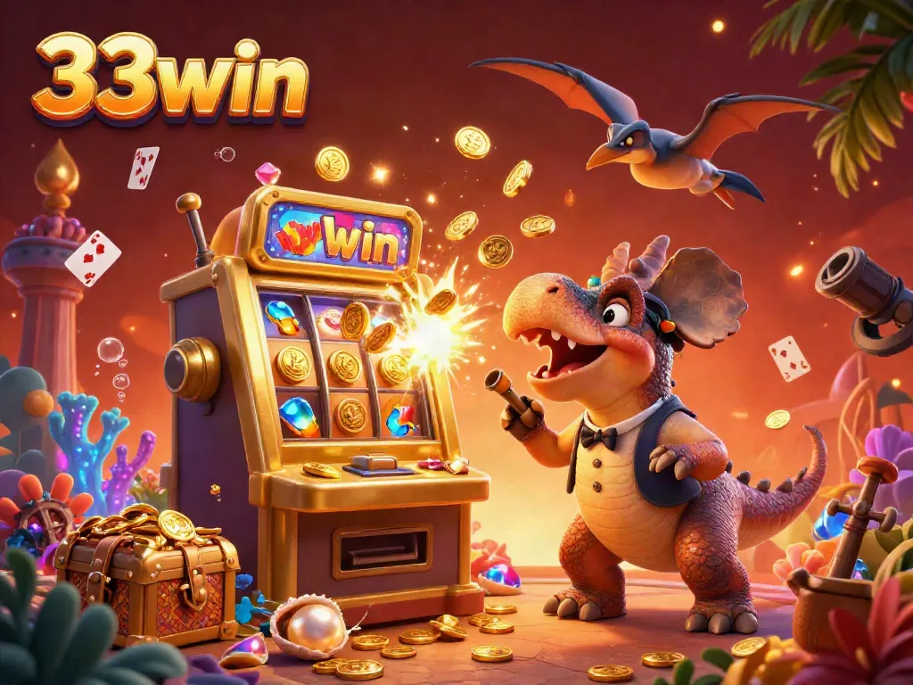 33win unleashes excitement as a dinosaur triggers a slot machine jackpot amid cascading coins.