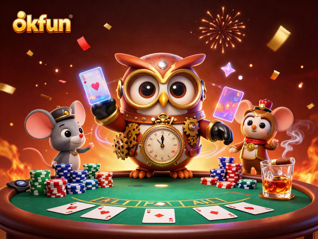 Experience exhilarating poker action with okfun's lively 3D casino scene featuring vibrant characters and elements.