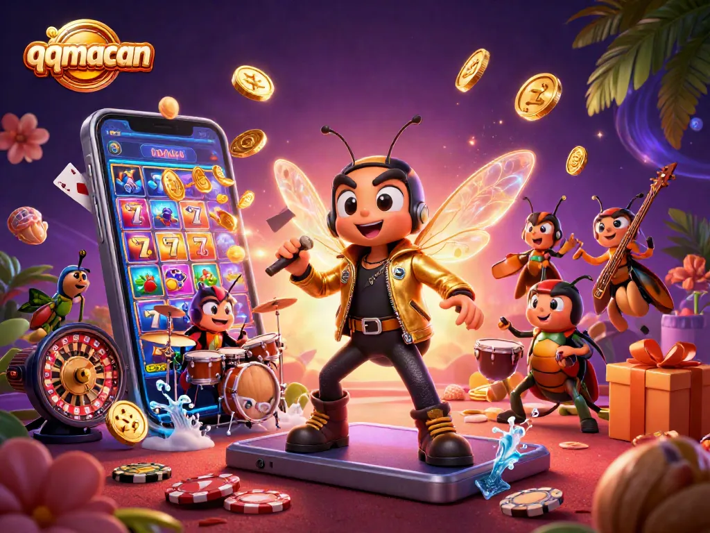 Experience thrilling gameplay with qqmacan as a cartoon cicada rock star and vibrant casino elements surround an exciting slot game scene.