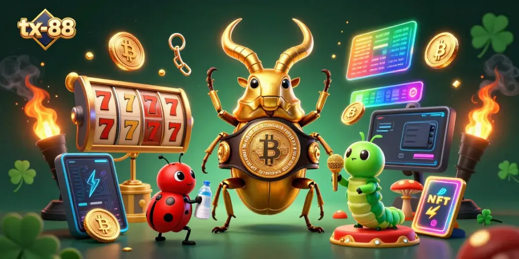 Experience thrilling gameplay with tx-88 in a vibrant 3D casino scene featuring lively slot games and golden characters.