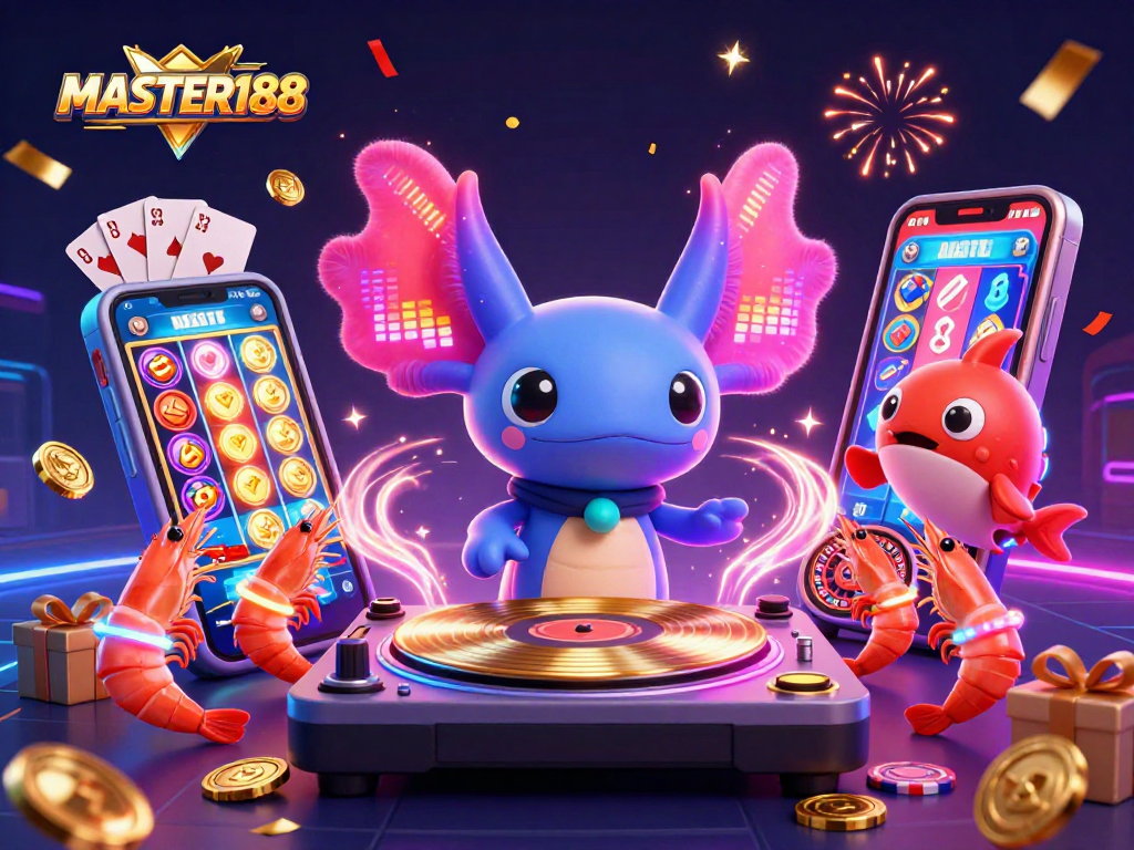Enjoy the thrilling entertainment of MASTER188 with a vibrant 3D casino illustration showcasing exciting games and characters.