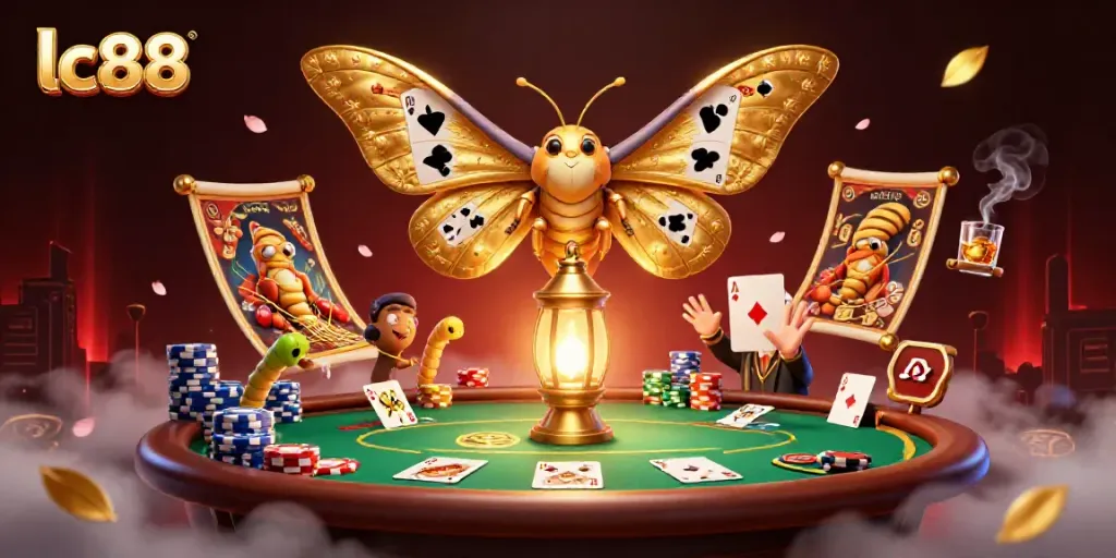Experience the excitement of lc88 gaming with vibrant casino elements and a majestic moth illustration.