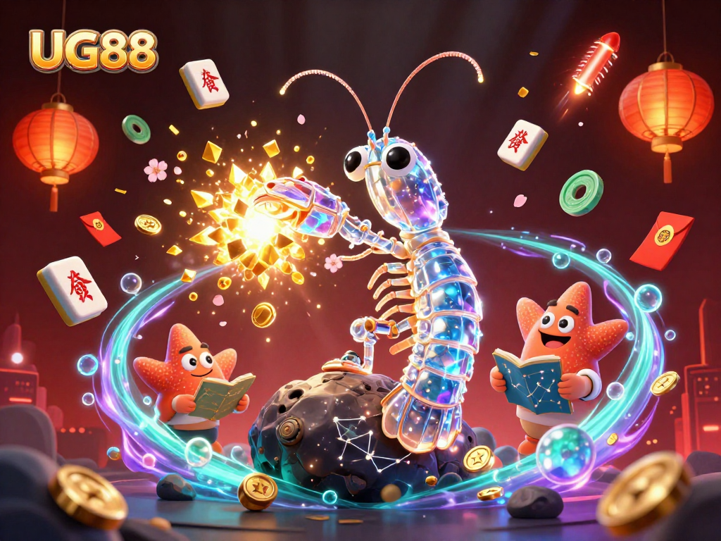 Experience thrilling gameplay with UG88 as the galactic mantis shrimp battles for treasure among dynamic casino elements.