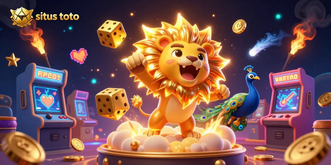 Play exciting games at situs toto with a vibrant 3D illustration featuring a roaring cartoon sun lion and golden dice
