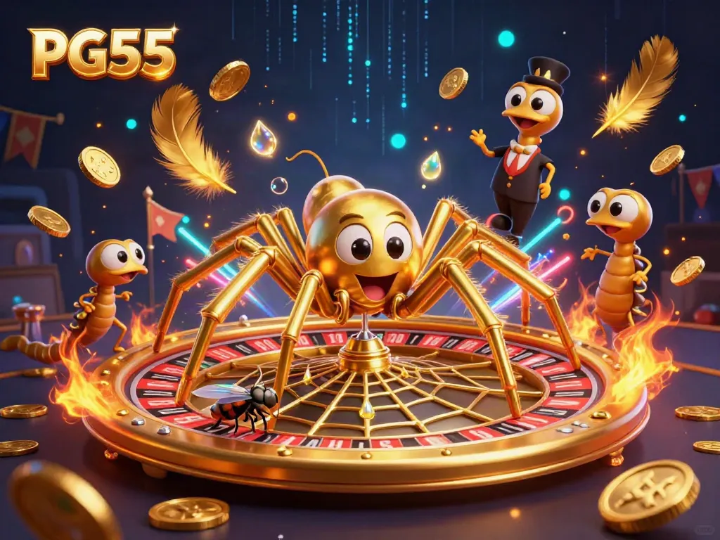 Engage with PG55 in this vibrant casino scene featuring a golden spider and a nervously betting fly.