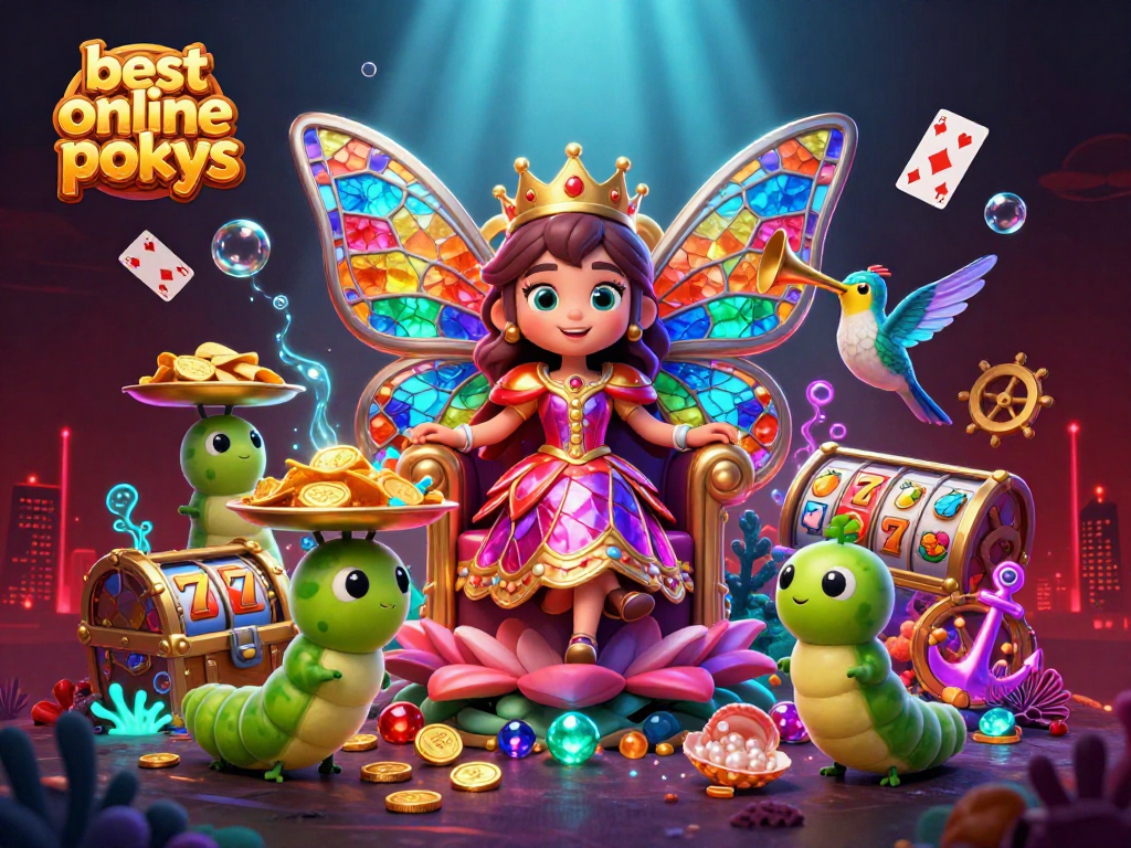 Experience the thrill with the best online pokies as vibrant characters celebrate around luxurious casino treasures.