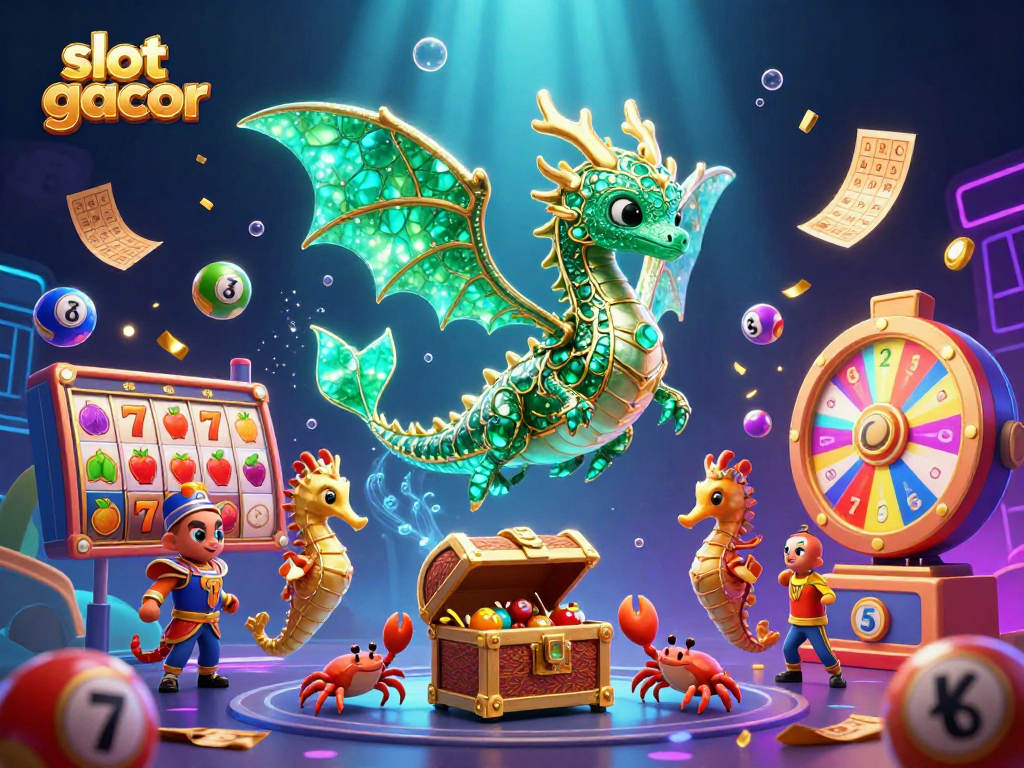 Menangkan slot gacor dengan ilustrasi 3D lucu yang menampilkan naga laut, simbol slot, dan efek uang hujan yang berkilauan.