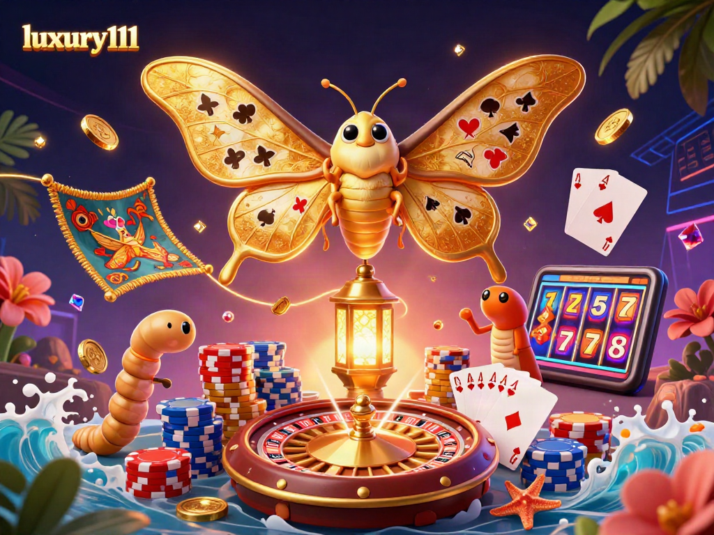 Experience luxury111 with a vibrant 3D casino scene showcasing playing cards, roulette wheels, and golden coins.