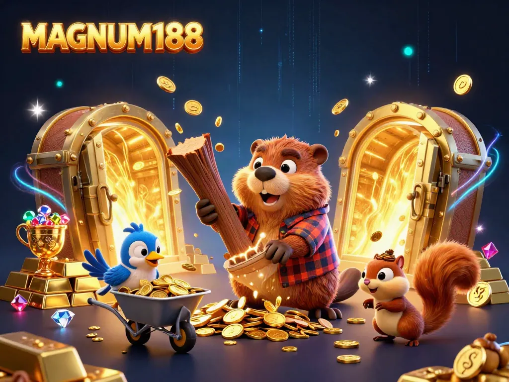 Engage in thrilling gambling excitement with MAGNUM188 through a vibrant cartoon scene of animated characters and golden treasures.