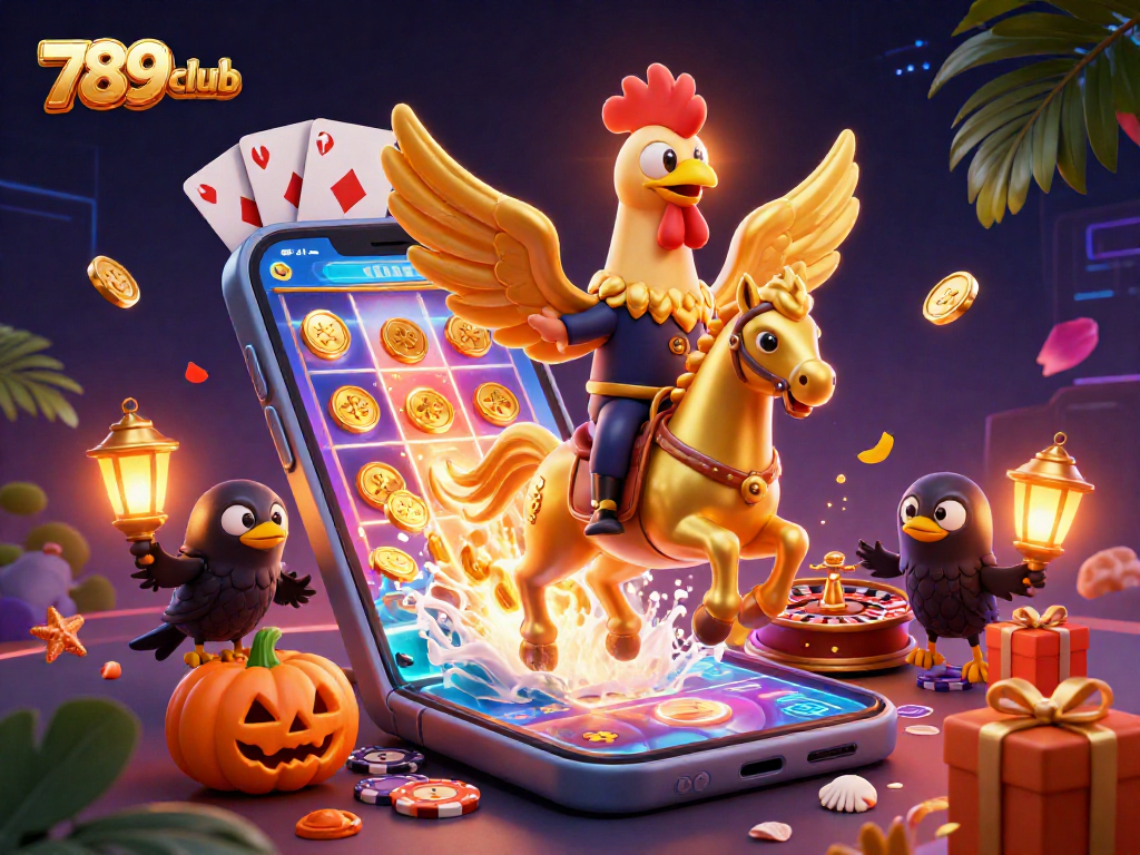 Experience the excitement of 789club with a golden rooster riding through a vibrant casino scene.