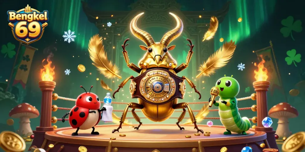 Engage with Bengkel 69 in a lively casino environment with vibrant characters and rich details.
