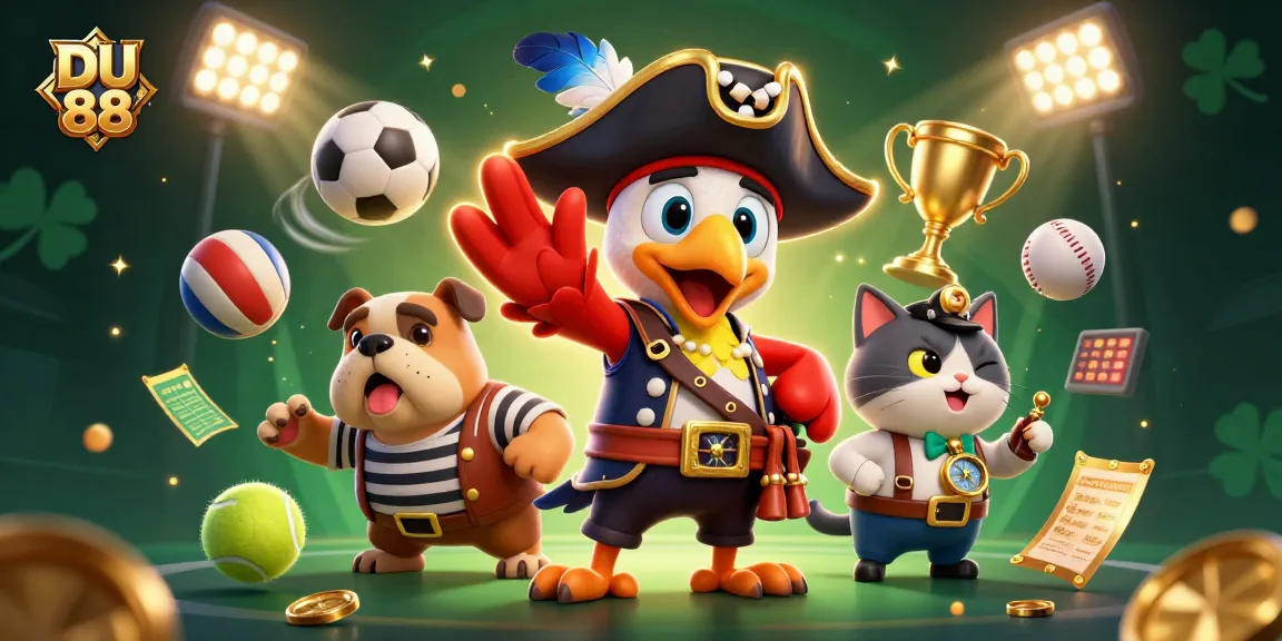 Bet on DU 88 with dynamic sports betting elements including trophies, gold coins, and 3D characters.