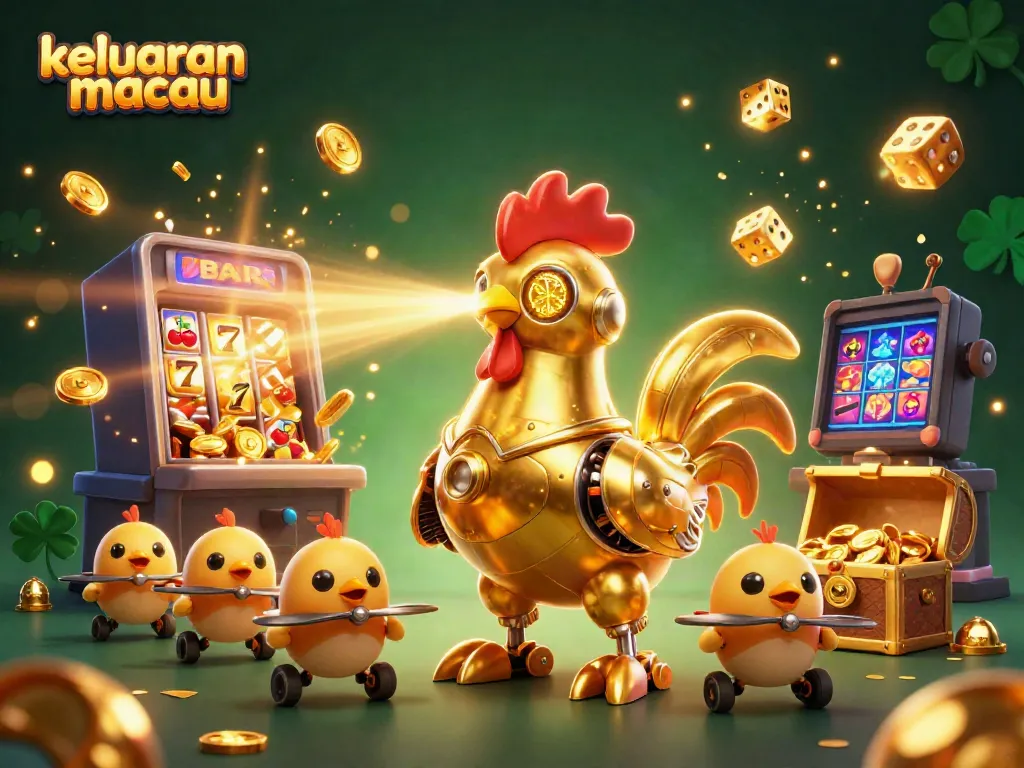 Ilustrasi 3D yang menampilkan keluaran macau dengan robot ayam dan elemen kasino yang meriah.