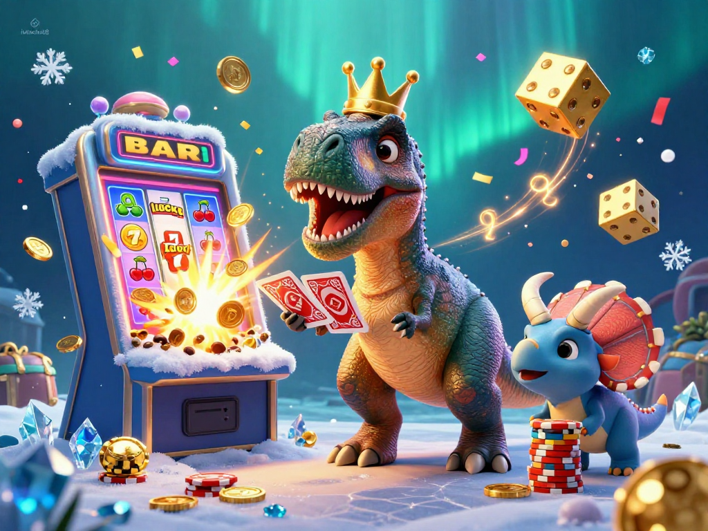 Experience thrilling gameplay at iwinclub8 featuring a playful T-Rex and casino elements.