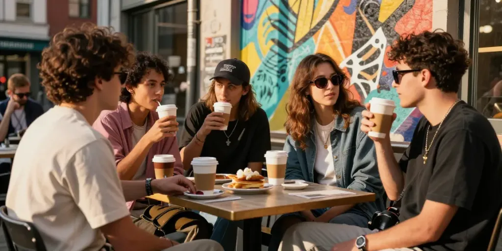 Akujp urban lifestyle scene with friends enjoying drinks at an outdoor café, showcasing stylish streetwear and vibrant city backdrop.
