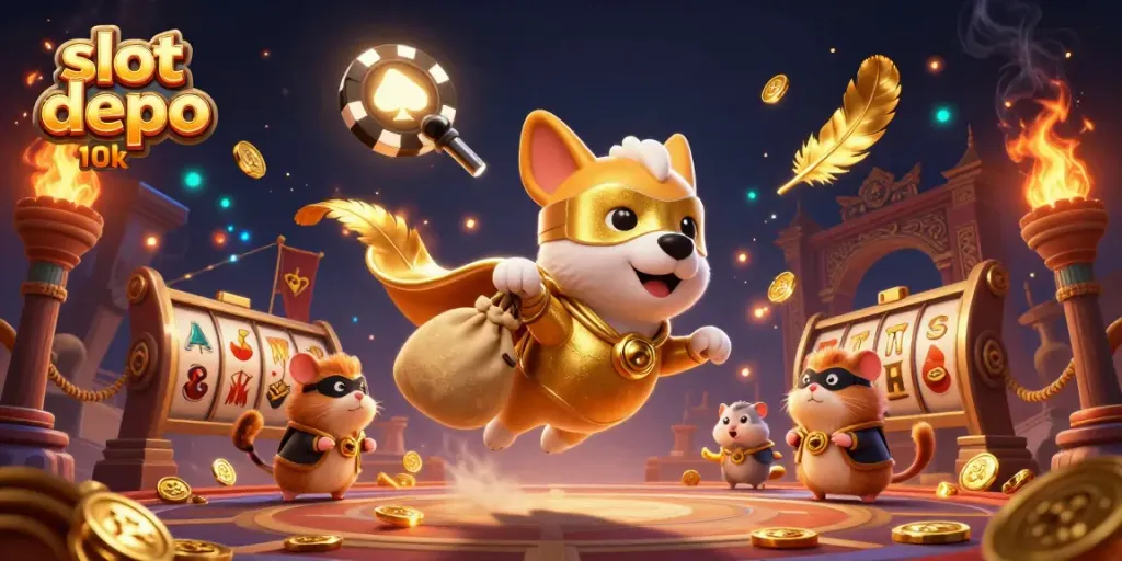 Engage in thrilling gameplay with slot depo 10k, featuring a superhero dog and hamster surrounded by slot rewards.