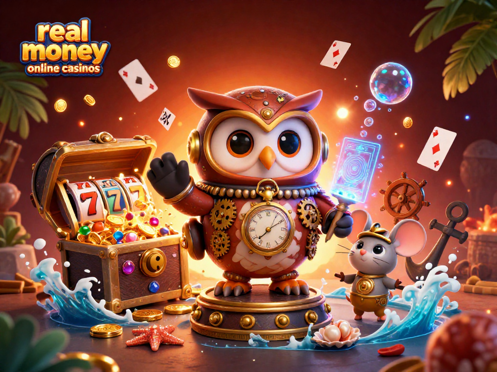 Engage with real money online casinos through a vibrant 3D casino illustration featuring a time-traveler owl.