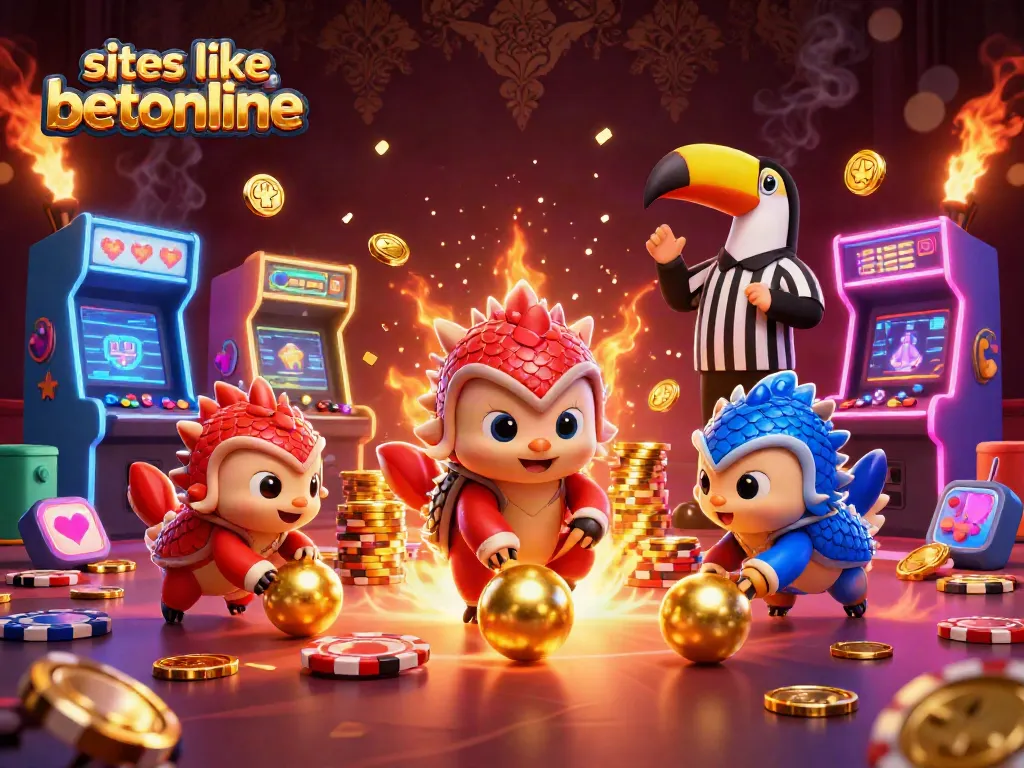 Rival pangolins bowling chips in a dynamic casino scene showcasing sites like betonline.